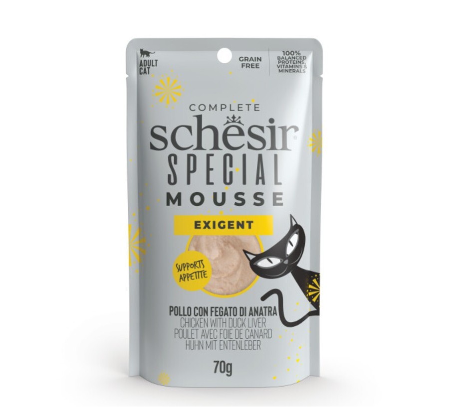 Schesir Funcionals Grain Free Sobre Especial Mousse Exigent Pollastre amb Fetge d’Ànec 70 g