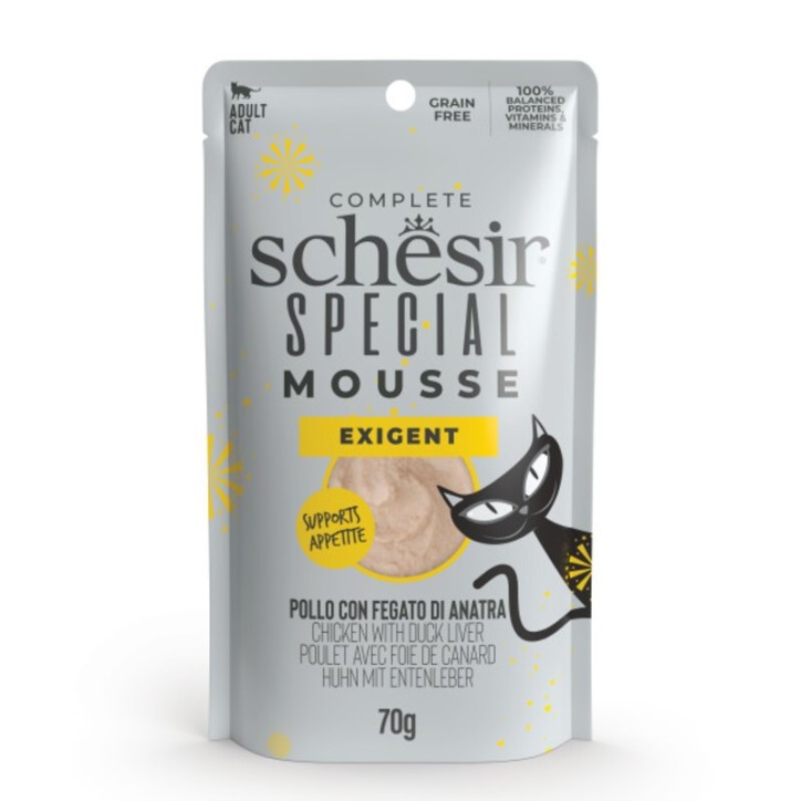 Schesir Funcionals Grain Free Sobre Especial Mousse Exigent Pollastre amb Fetge d’Ànec 70 g