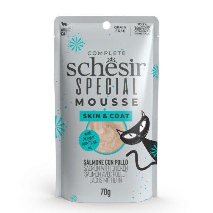 Schesir Funcionals Grain Free Sobre Especial Mousse Pell i Pelatge Salmó amb Pollastre 70 g