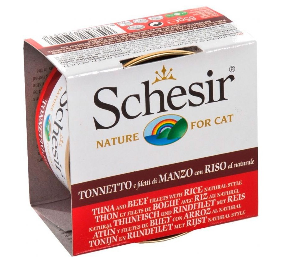 Schesir Llaunes Gat amb Gelatina De Toñina i Bou amb Arròs al Natural 85Gr