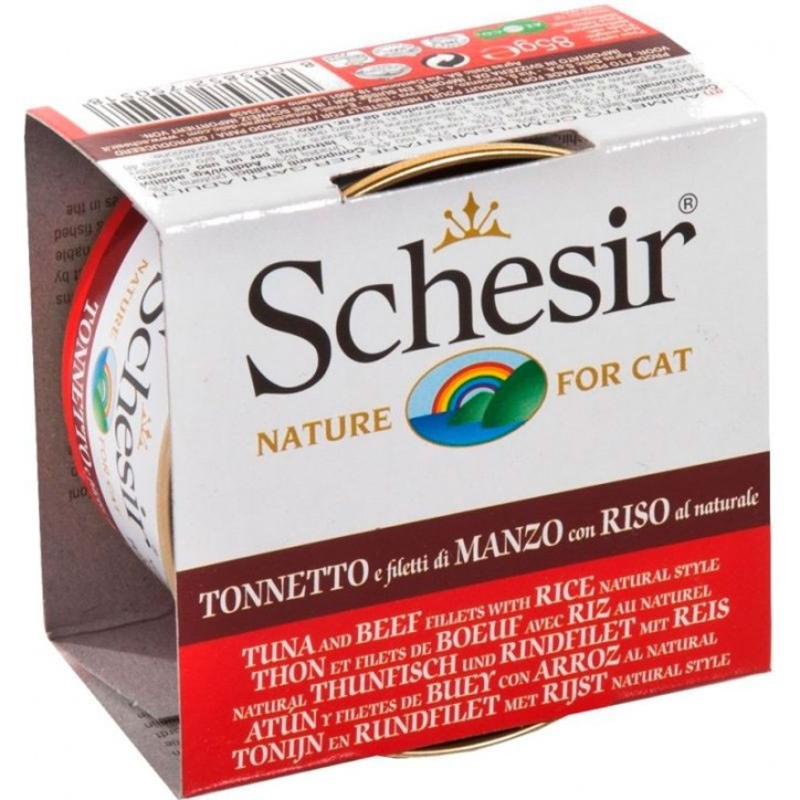 Schesir Llaunes Gat amb Gelatina De Toñina i Bou amb Arròs al Natural 85Gr
