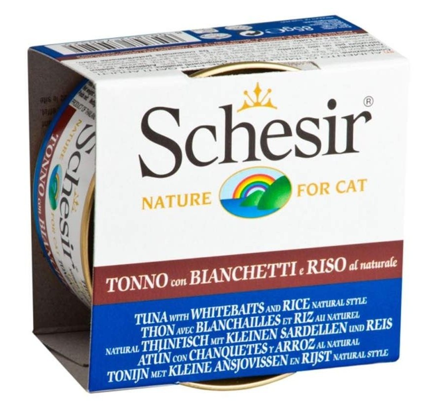 Schesir Llaunes Gat amb Gelatina De Toñina i Xaquet amb Arròs al Natural 85Gr