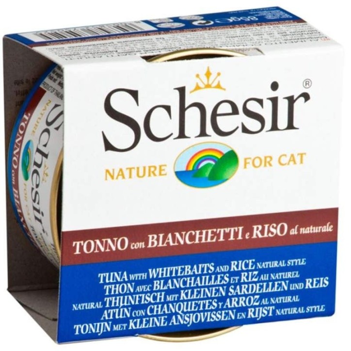 Schesir Llaunes Gat amb Gelatina De Toñina i Xaquet amb Arròs al Natural 85Gr