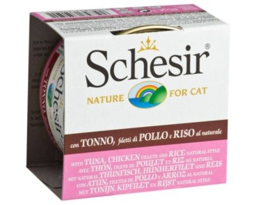 Schesir Llaunes Gat amb Gelatina De Toñina Y Pollastre amb Arròs al Natural 85Gr