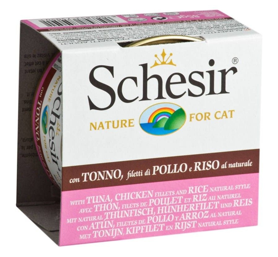 Schesir Llaunes Gat amb Gelatina De Toñina Y Pollastre amb Arròs al Natural 85Gr