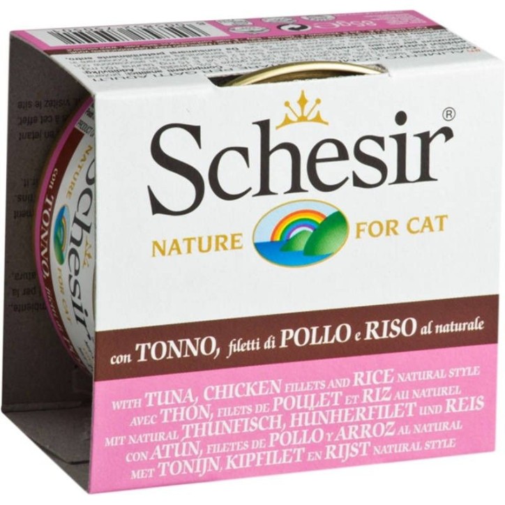 Schesir Llaunes Gat amb Gelatina De Toñina Y Pollastre amb Arròs al Natural 85Gr
