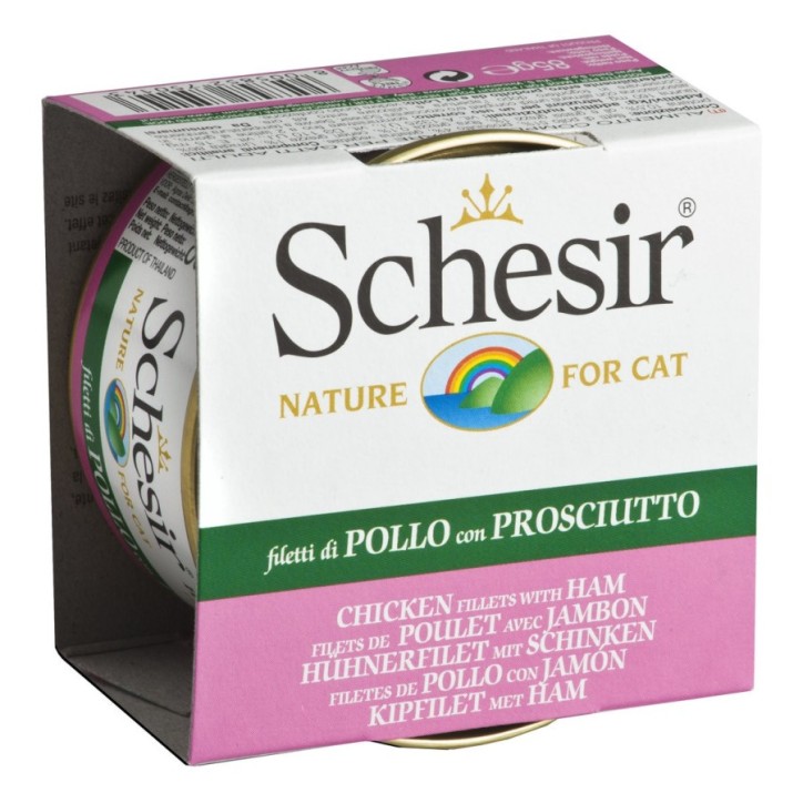 Schesir Llaunes Gat amb Gelatina Filtes de Pollastre amb Pernil 70 Gr 12 Ud. 70 Gr
