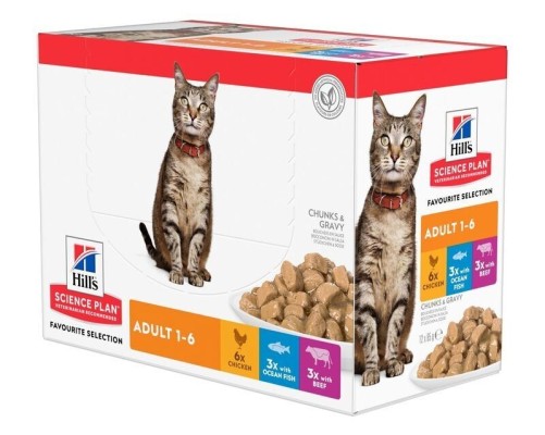 Hill's Science Plan Feline Adult pollastre, Pescado Azul i vedella (Multipack bossetes) 12x85g